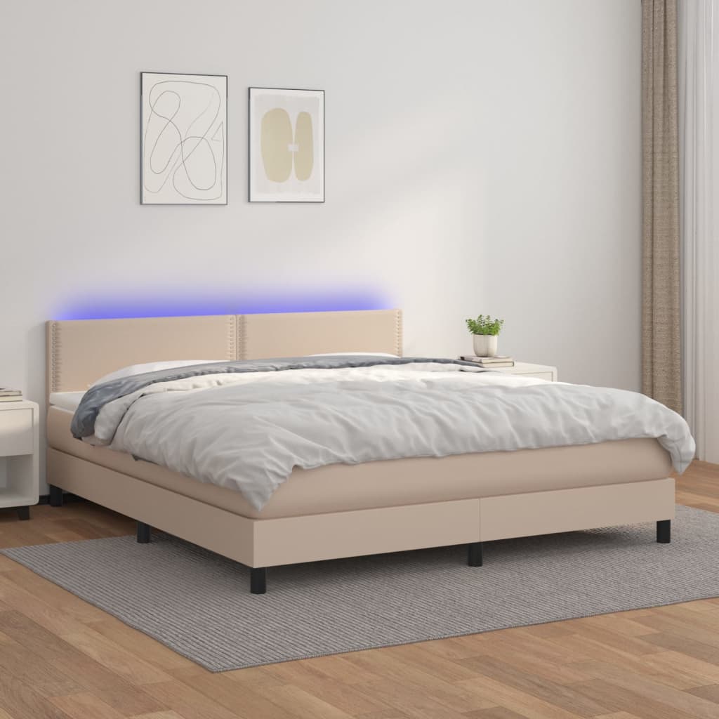 Cama box spring c/colchão/LED 160x200cm couro artif. cappuccino