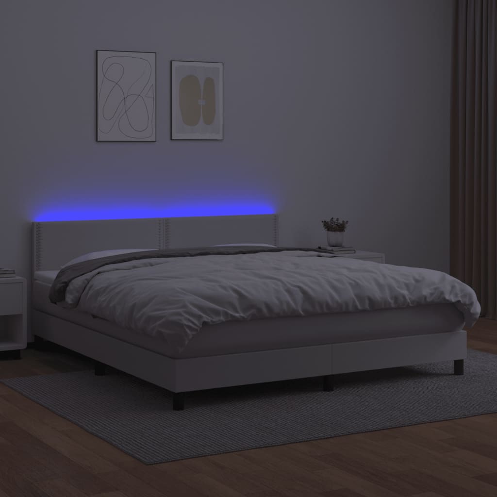 Cama box spring c/colchão/LED 180x200cm couro artificial branco