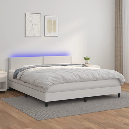 Cama box spring c/colchão/LED 180x200cm couro artificial branco