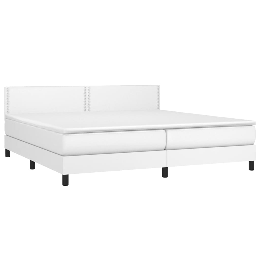 Cama box spring c/colchão/LED 200x200cm couro artificial branco