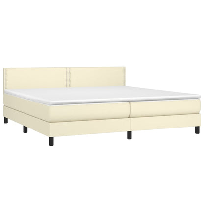 Cama box spring c/ colchão/LED 200x200cm couro artificial creme