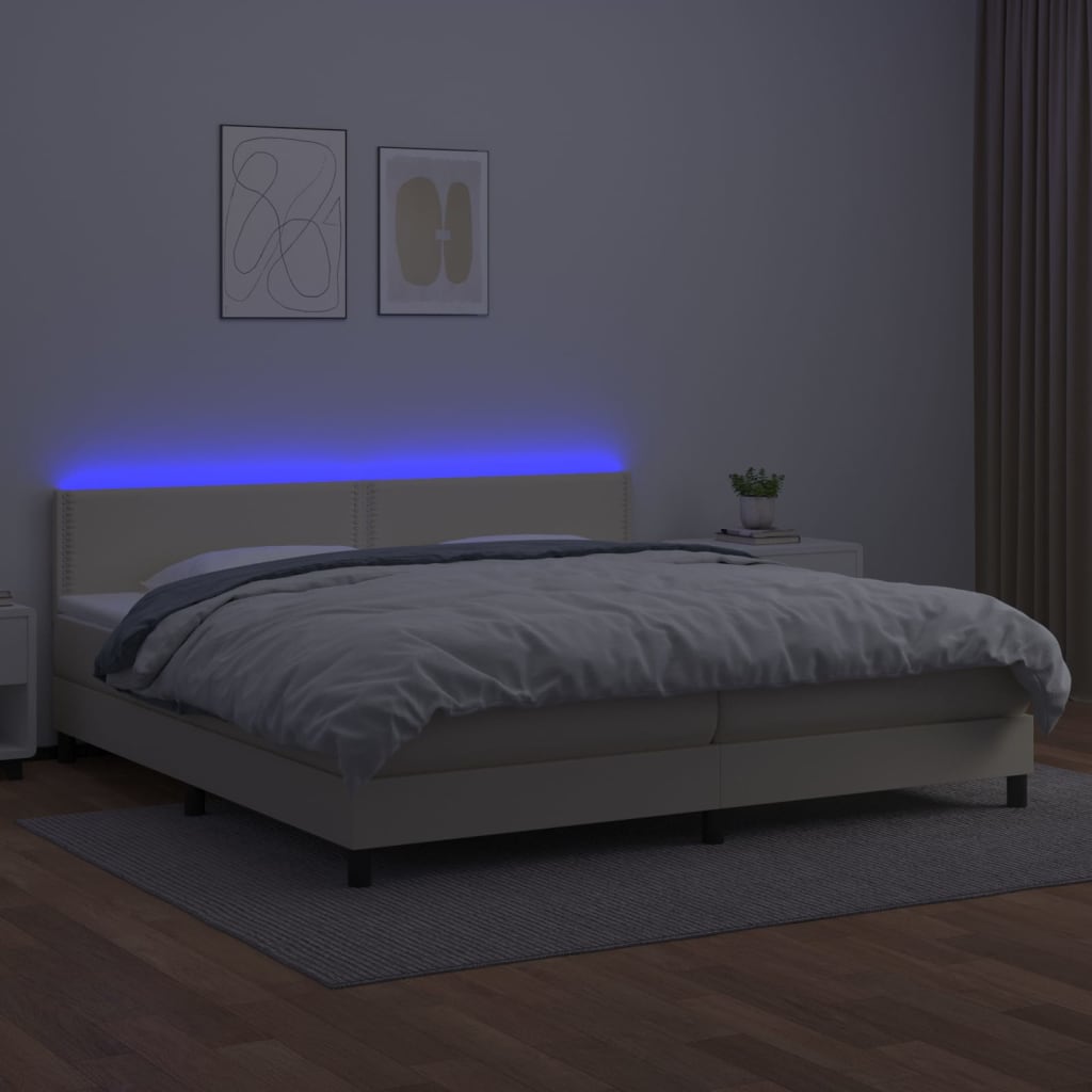 Cama box spring c/ colchão/LED 200x200cm couro artificial creme