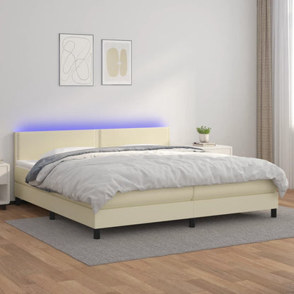 Cama box spring c/ colchão/LED 200x200cm couro artificial creme