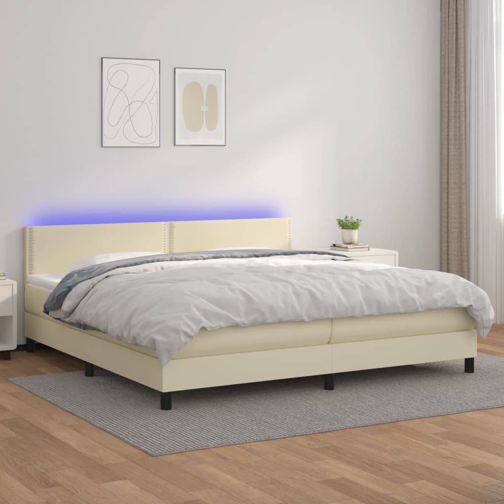 Cama box spring c/ colchão/LED 200x200cm couro artificial creme