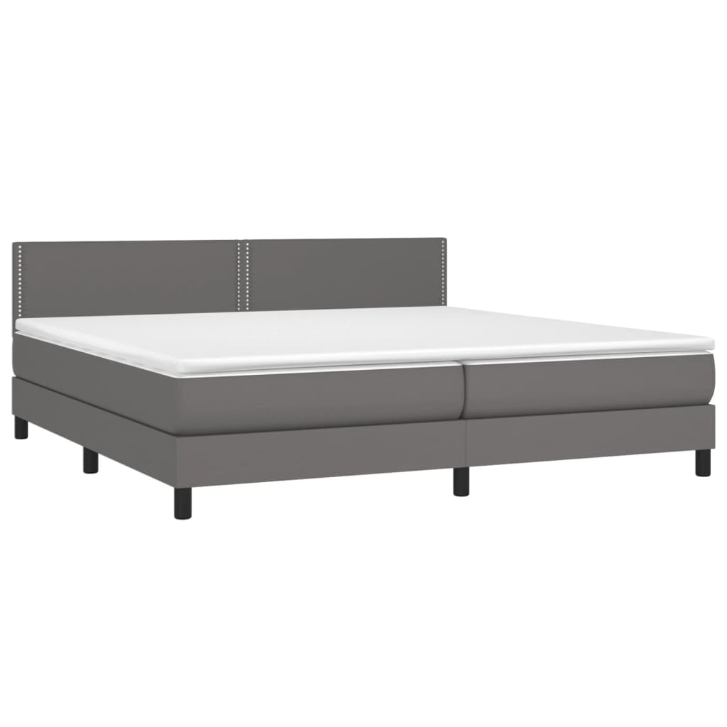 Cama box spring c/ colchão/LED 200x200cm couro artificial cinza