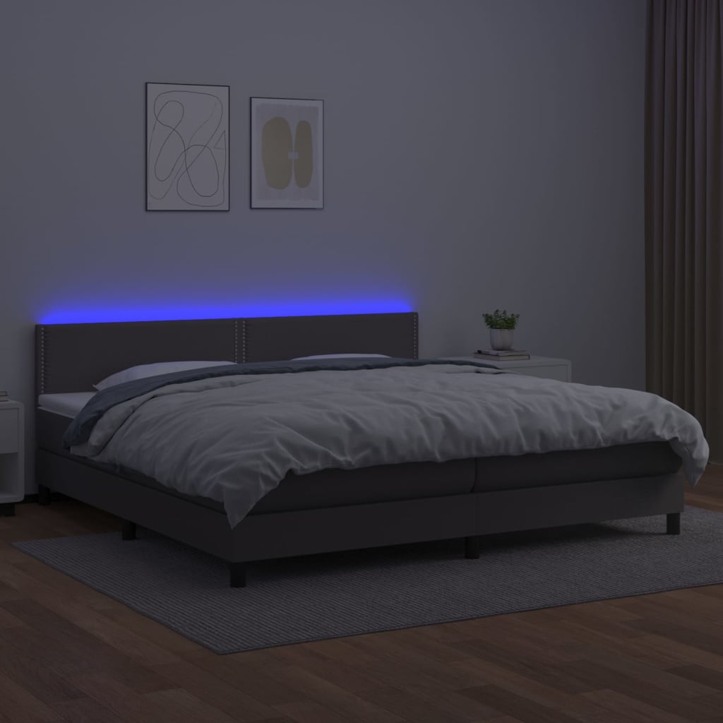 Cama box spring c/ colchão/LED 200x200cm couro artificial cinza