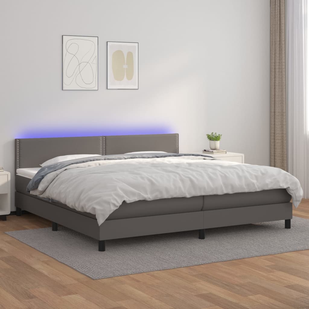 Cama box spring c/ colchão/LED 200x200cm couro artificial cinza