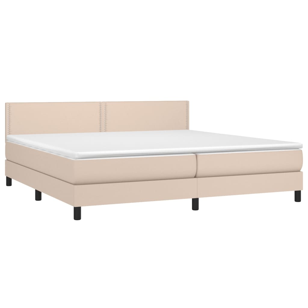 Cama box spring c/colchão/LED 200x200cm couro artif. cappuccino