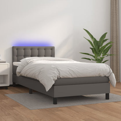 Cama box spring c/ colchão/LED 80x200 cm couro artificial cinza