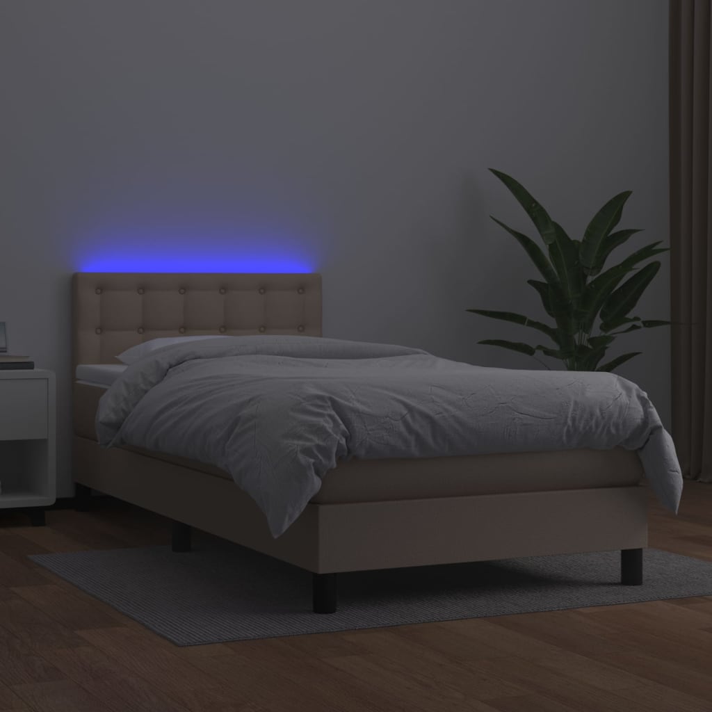 Cama box spring c/ colchão/LED 80x200cm couro artif. cappuccino