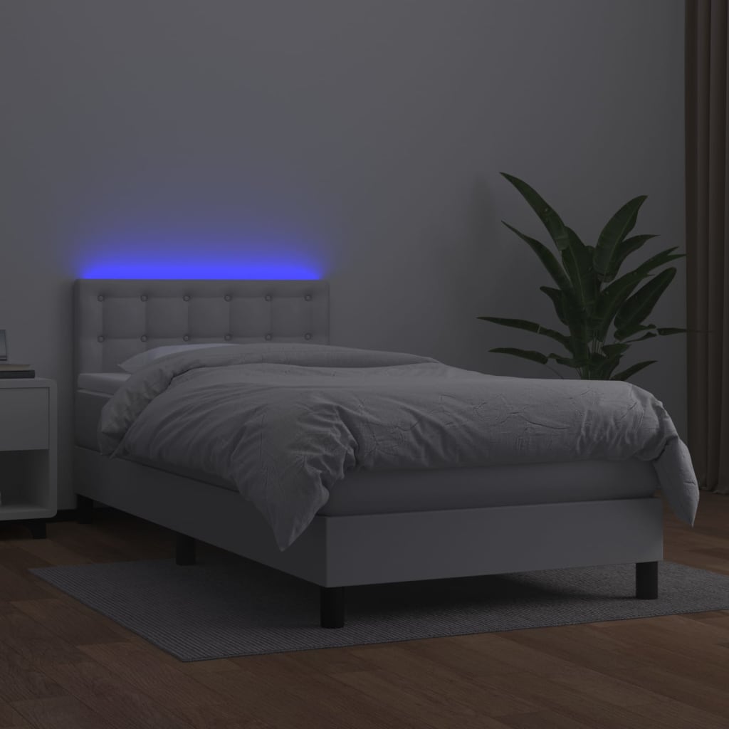 Cama box spring c/ colchão/LED 90x190cm couro artificial branco