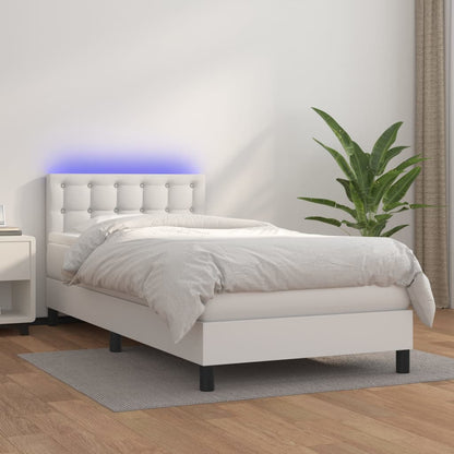 Cama box spring c/ colchão/LED 90x190cm couro artificial branco