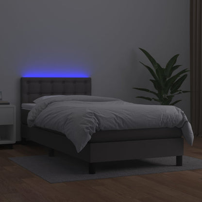 Cama box spring c/ colchão/LED 90x190 cm couro artificial cinza