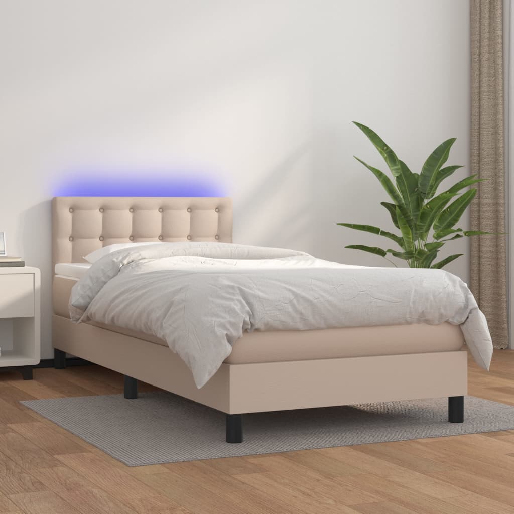 Cama box spring c/ colchão/LED 90x190cm couro artif. cappuccino