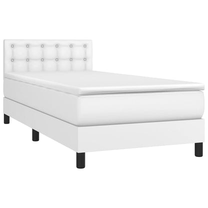 Cama box spring c/ colchão/LED 90x200cm couro artificial branco