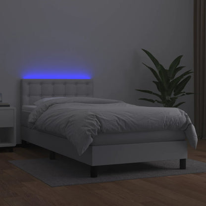 Cama box spring c/ colchão/LED 90x200cm couro artificial branco