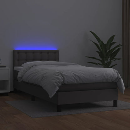 Cama box spring c/ colchão/LED 90x200 cm couro artificial cinza