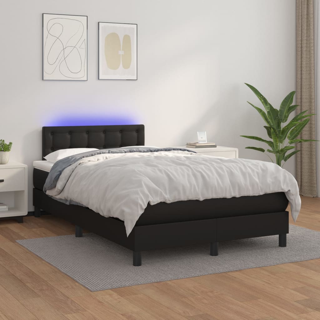 Cama box spring c/ colchão/LED 120x200cm couro artificial preto