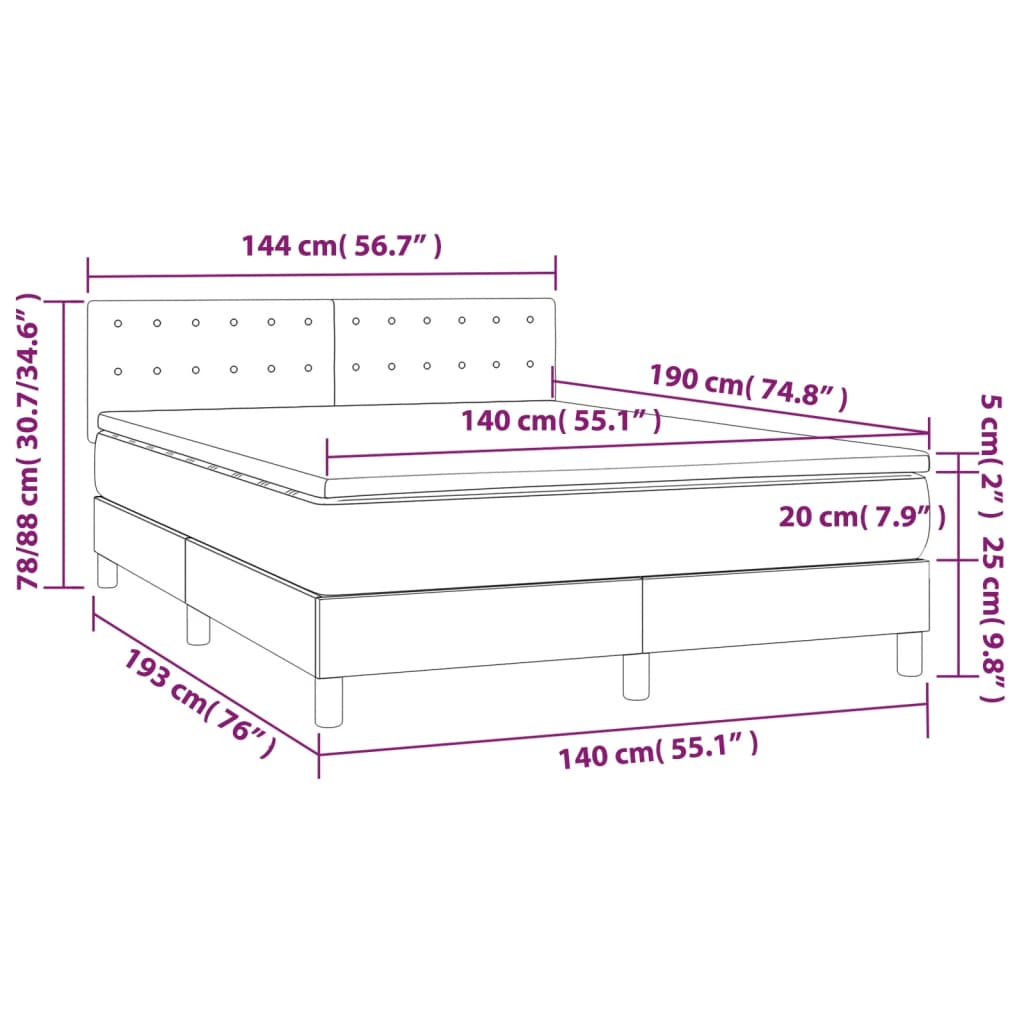 Cama box spring c/colchão/LED 140x190cm couro artificial branco