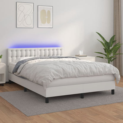 Cama box spring c/colchão/LED 140x190cm couro artificial branco