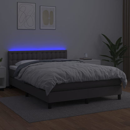 Cama box spring c/ colchão/LED 140x200cm couro artificial cinza