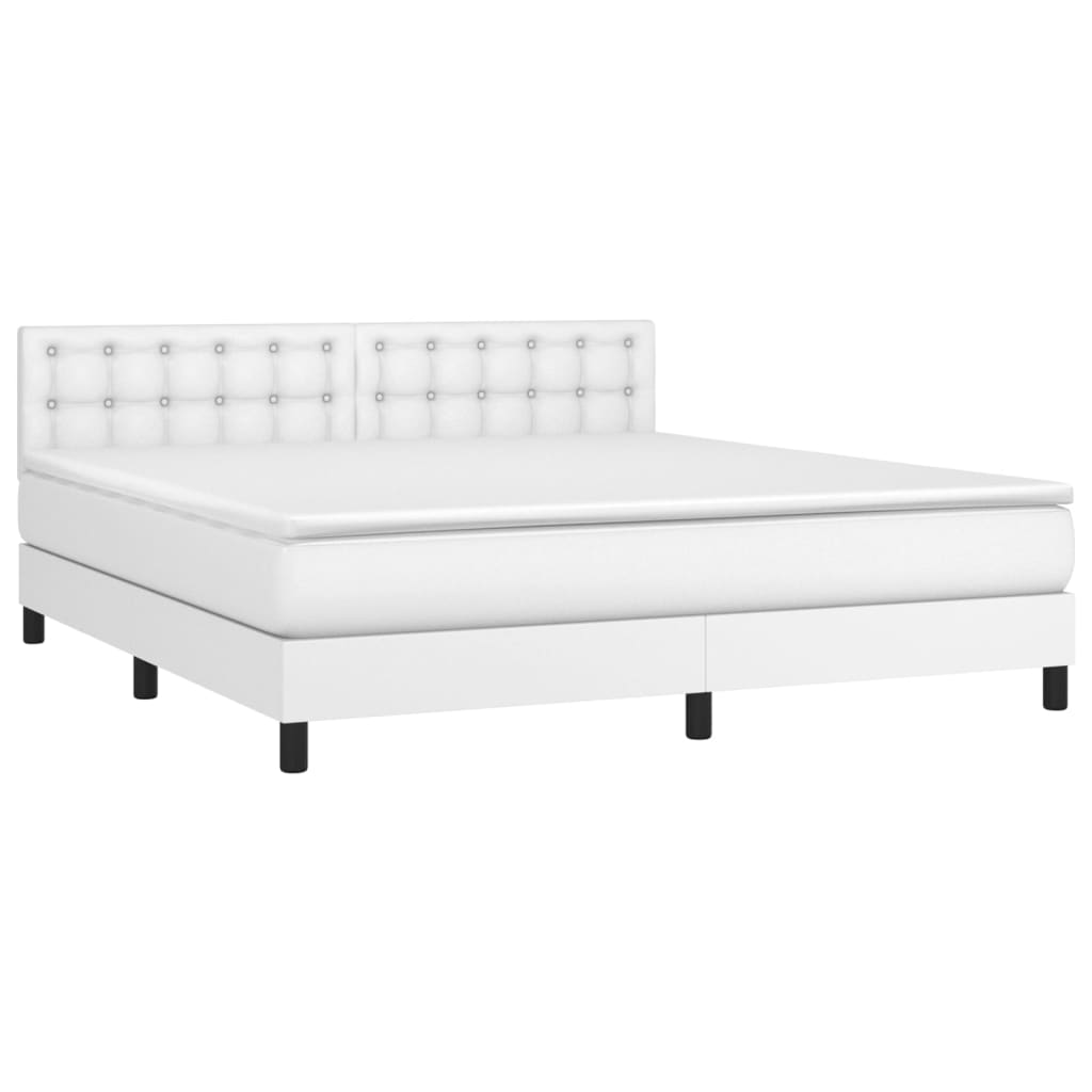 Cama box spring c/colchão/LED 160x200cm couro artificial branco