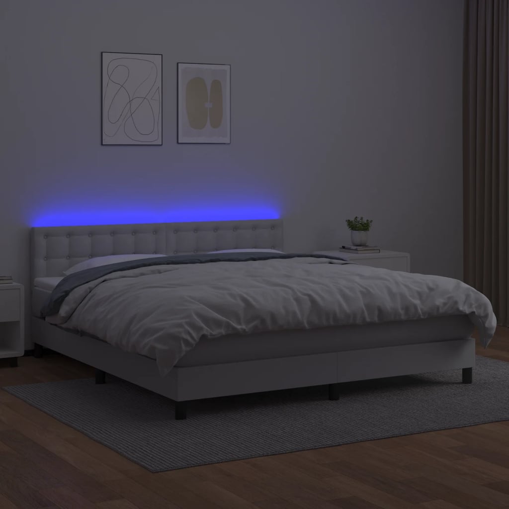 Cama box spring c/colchão/LED 160x200cm couro artificial branco