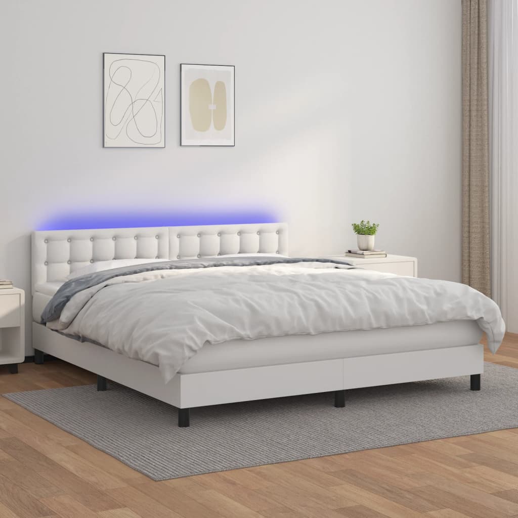 Cama box spring c/colchão/LED 160x200cm couro artificial branco