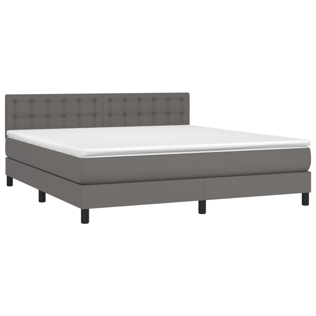 Cama box spring c/ colchão/LED 160x200cm couro artificial cinza