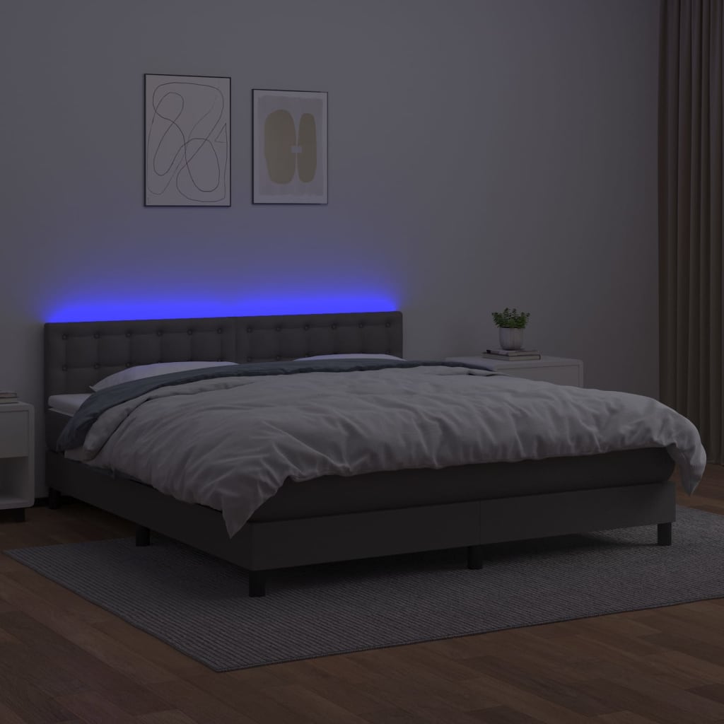 Cama box spring c/ colchão/LED 160x200cm couro artificial cinza