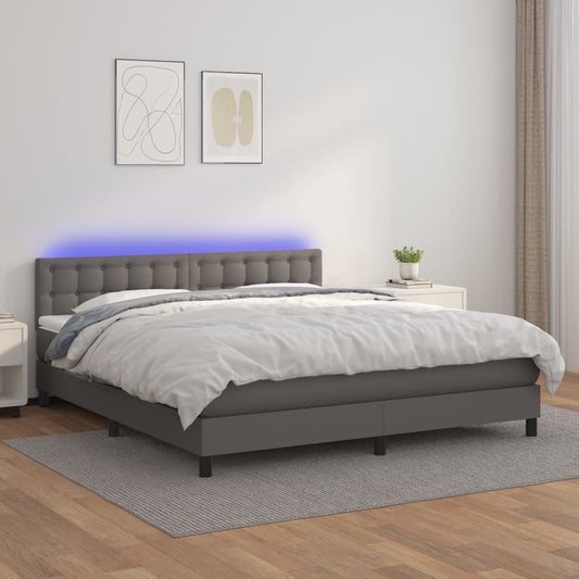 Cama box spring c/ colchão/LED 160x200cm couro artificial cinza