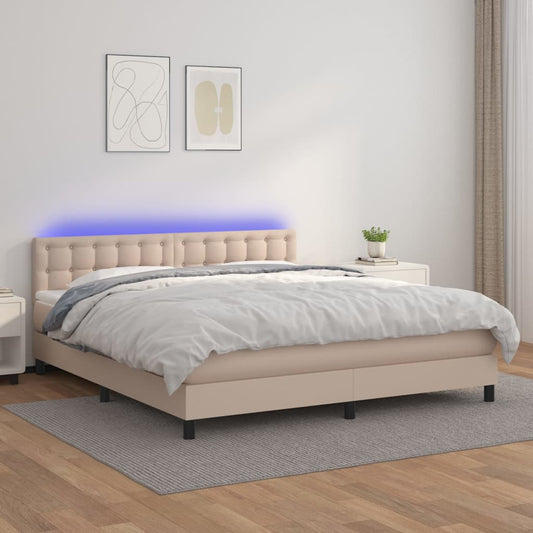 Cama box spring c/colchão/LED 160x200cm couro artif. cappuccino