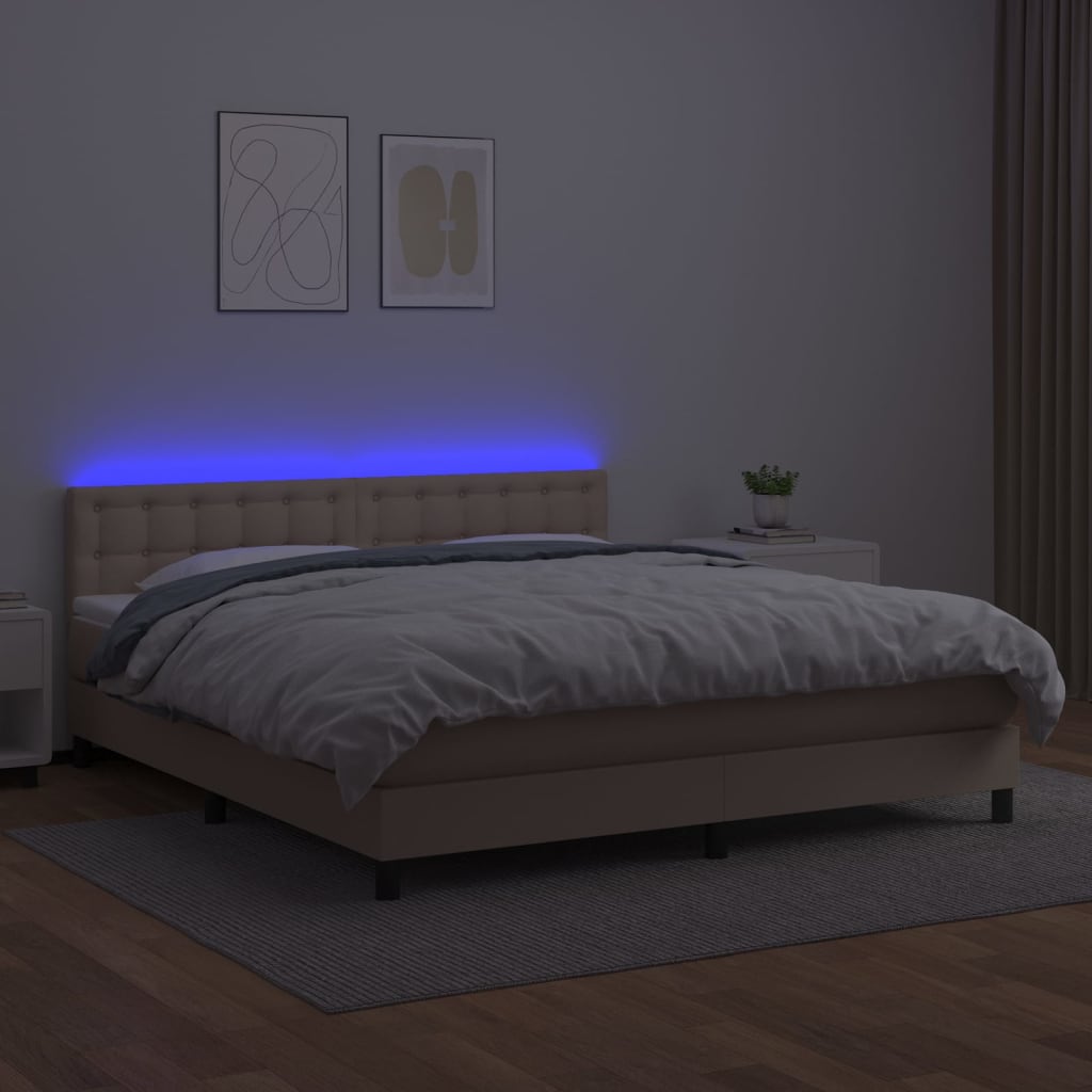 Cama box spring c/colchão/LED 180x200cm couro artif. cappuccino