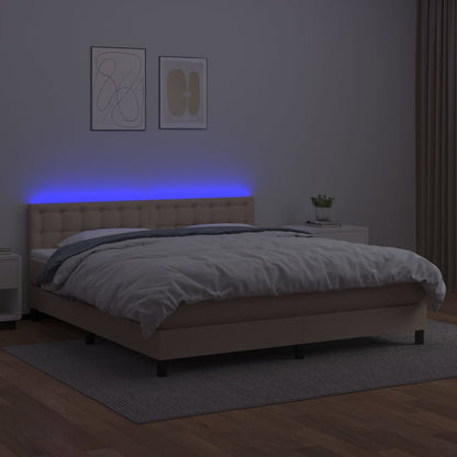 Cama box spring c/colchão/LED 180x200cm couro artif. cappuccino