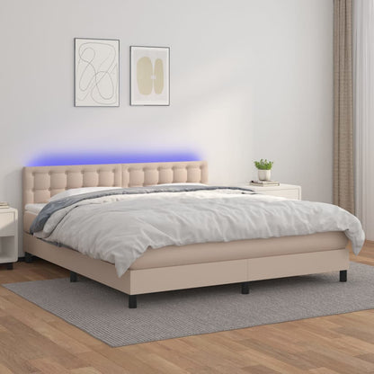 Cama box spring c/colchão/LED 180x200cm couro artif. cappuccino