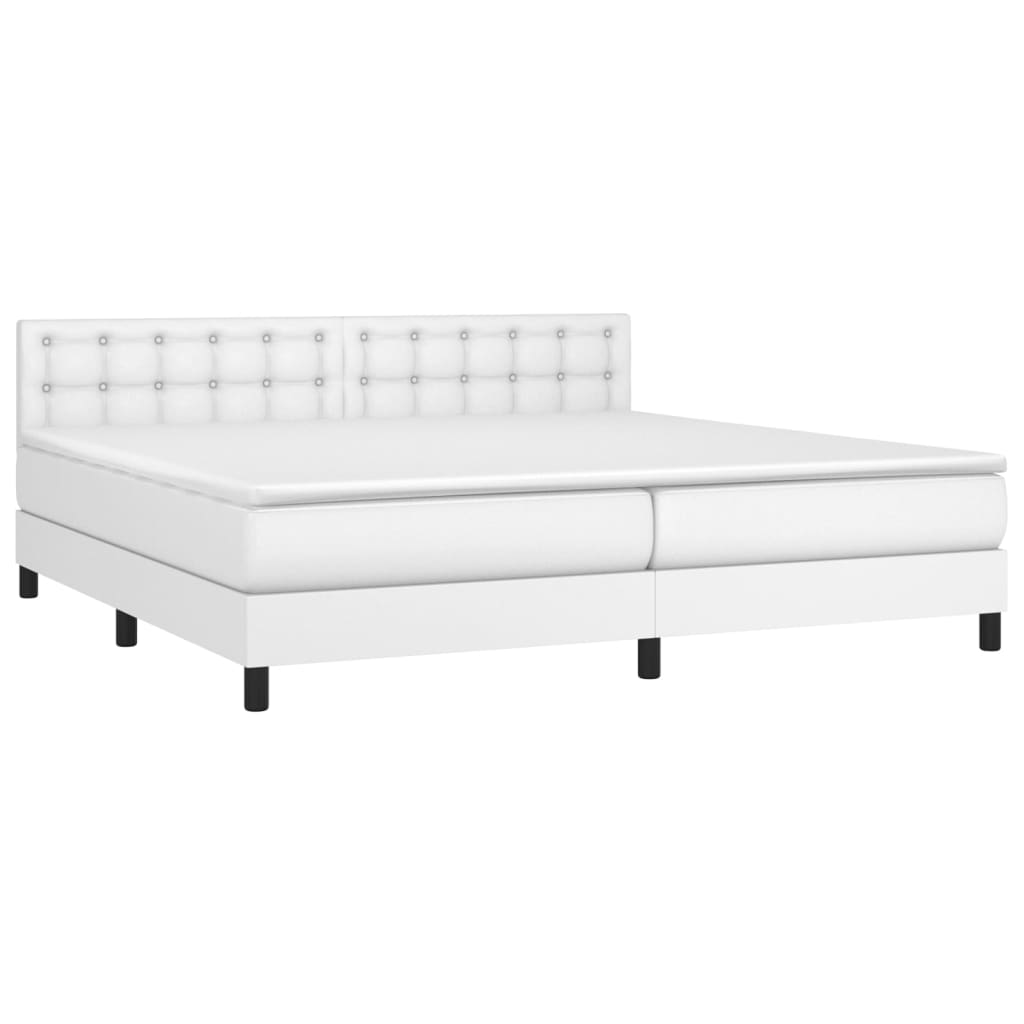 Cama box spring c/colchão/LED 200x200cm couro artificial branco