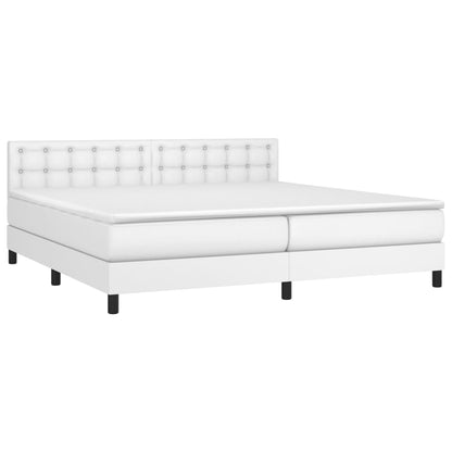 Cama box spring c/colchão/LED 200x200cm couro artificial branco