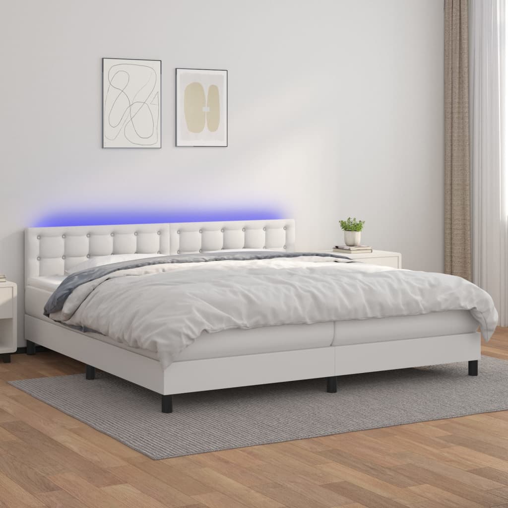 Cama box spring c/colchão/LED 200x200cm couro artificial branco