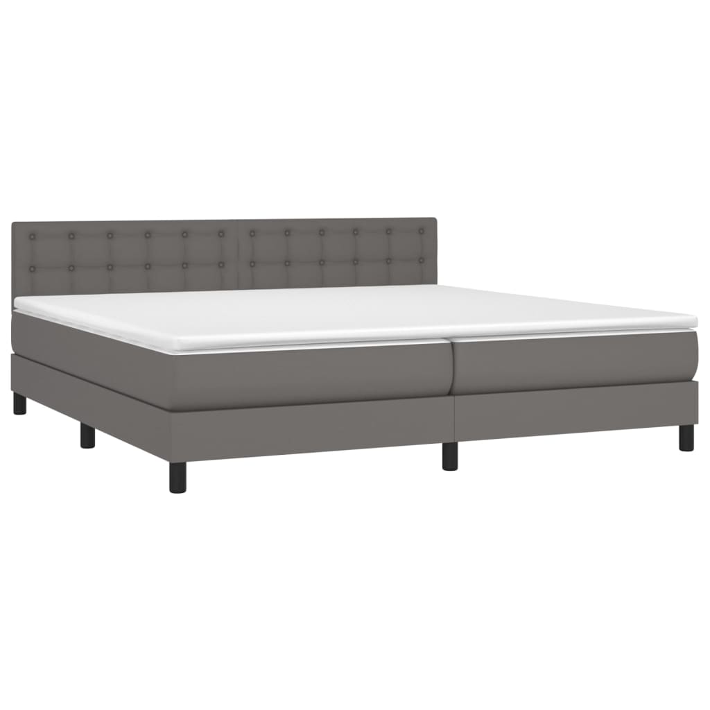 Cama box spring c/ colchão/LED 200x200cm couro artificial cinza