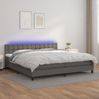 Cama box spring c/ colchão/LED 200x200cm couro artificial cinza