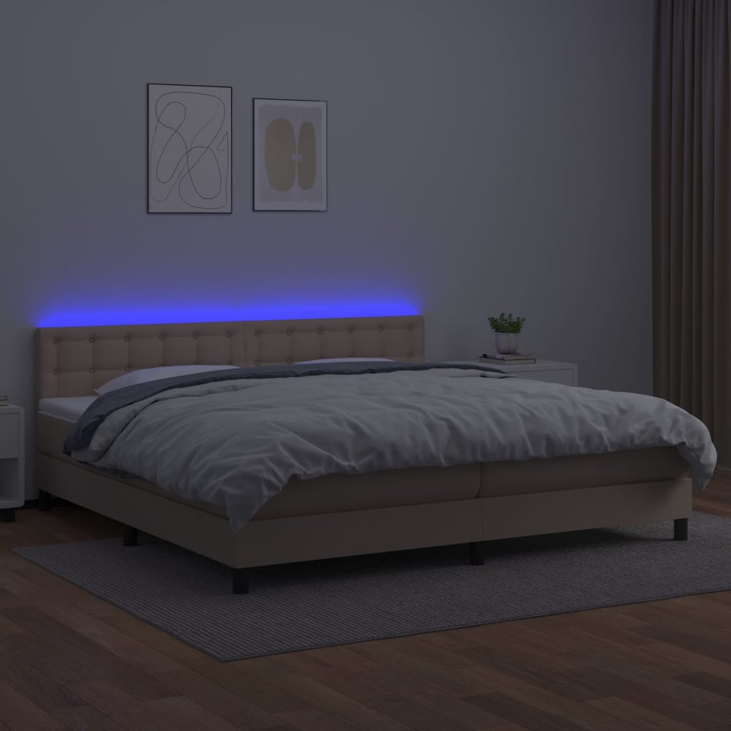 Cama box spring c/colchão/LED 200x200cm couro artif. cappuccino