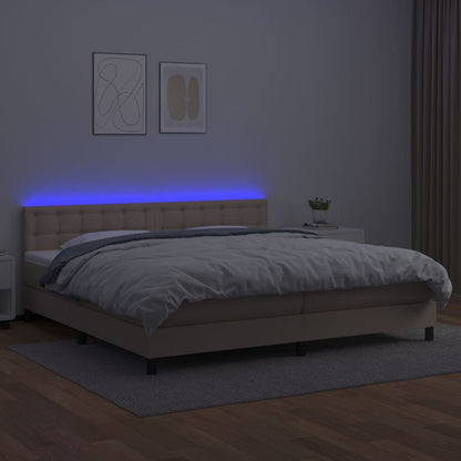 Cama box spring c/colchão/LED 200x200cm couro artif. cappuccino