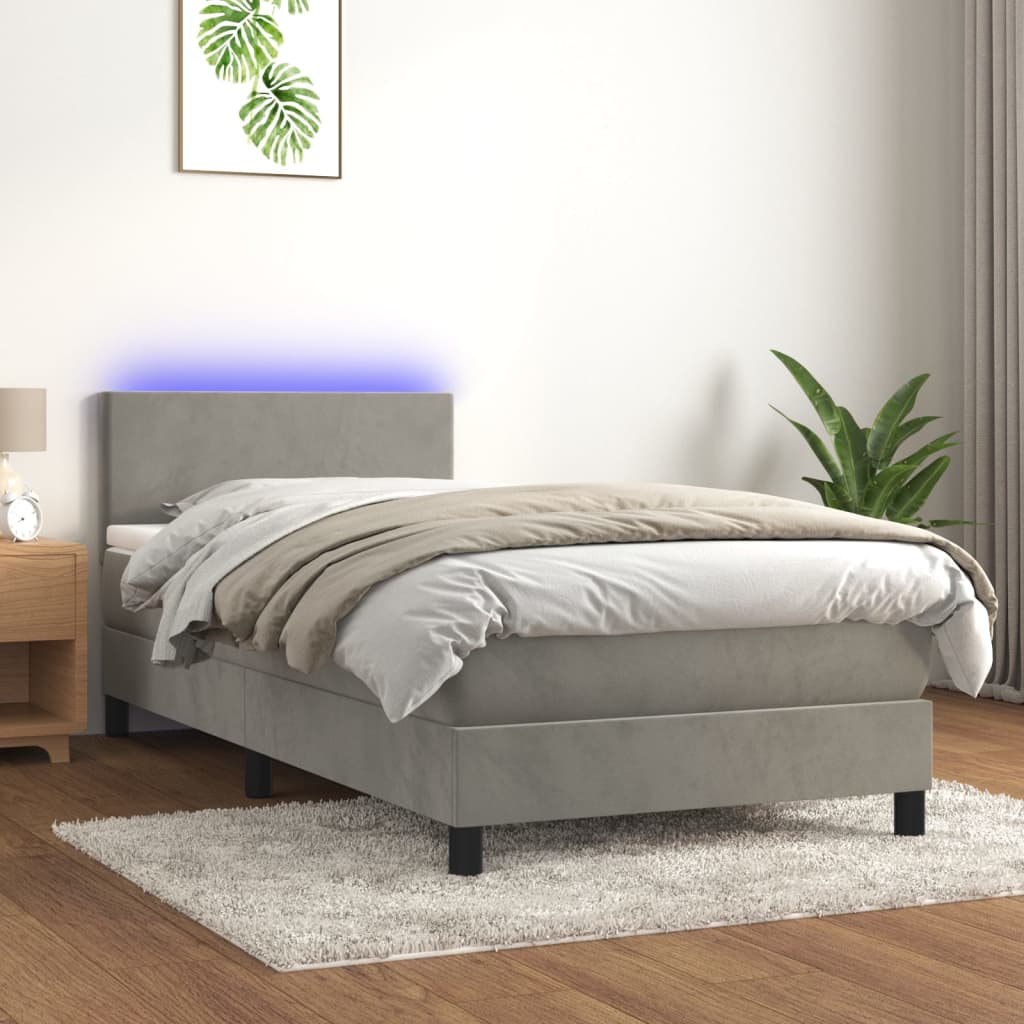 Cama box spring c/ colchão/LED 80x200 cm veludo cinzento-claro