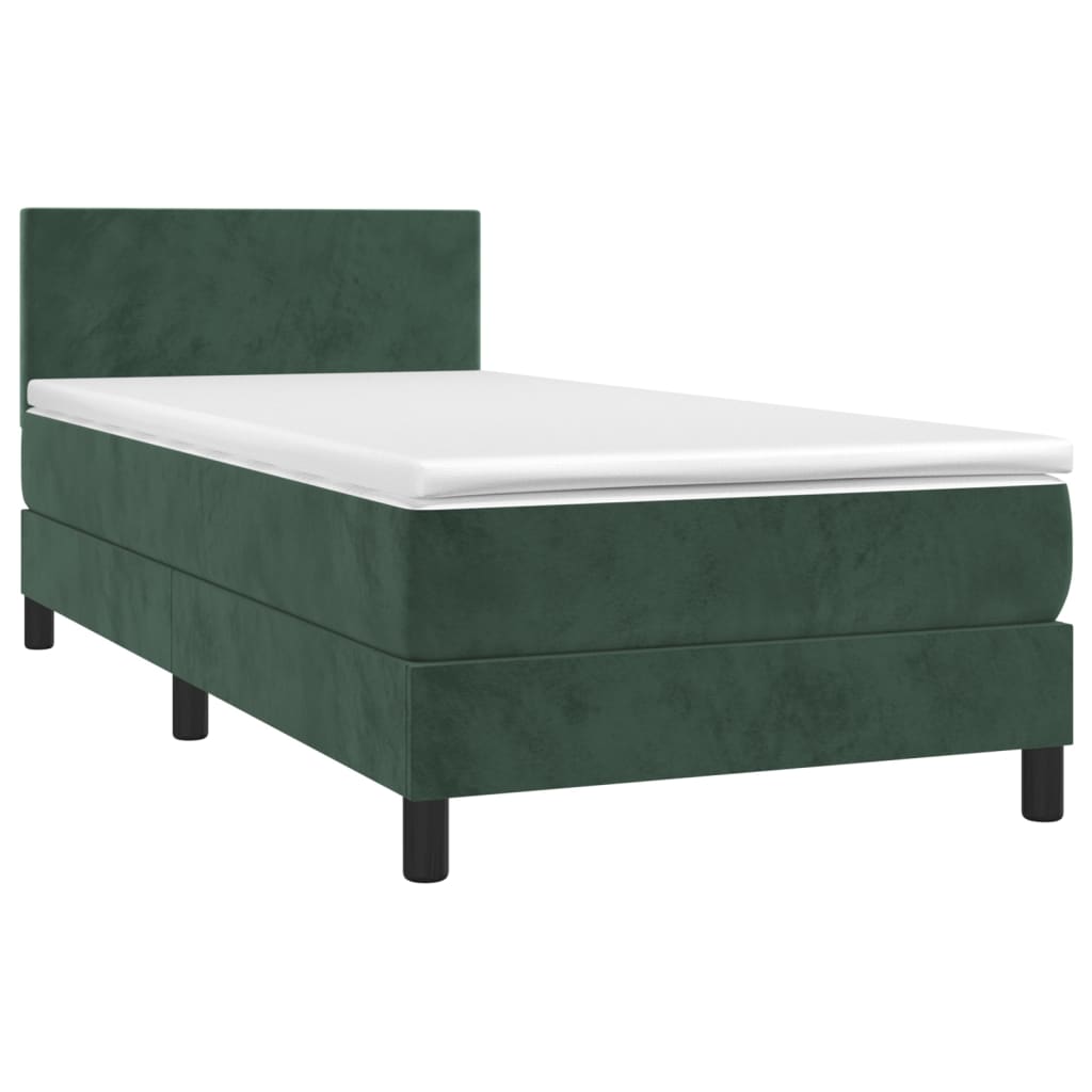 Cama box spring c/ colchão/LED 80x200 cm veludo verde-escuro