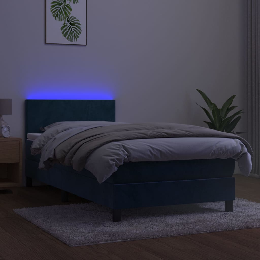 Cama box spring c/ colchão/LED 90x200 cm veludo azul-escuro