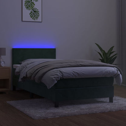 Cama box spring c/ colchão/LED 100x200 cm veludo verde-escuro