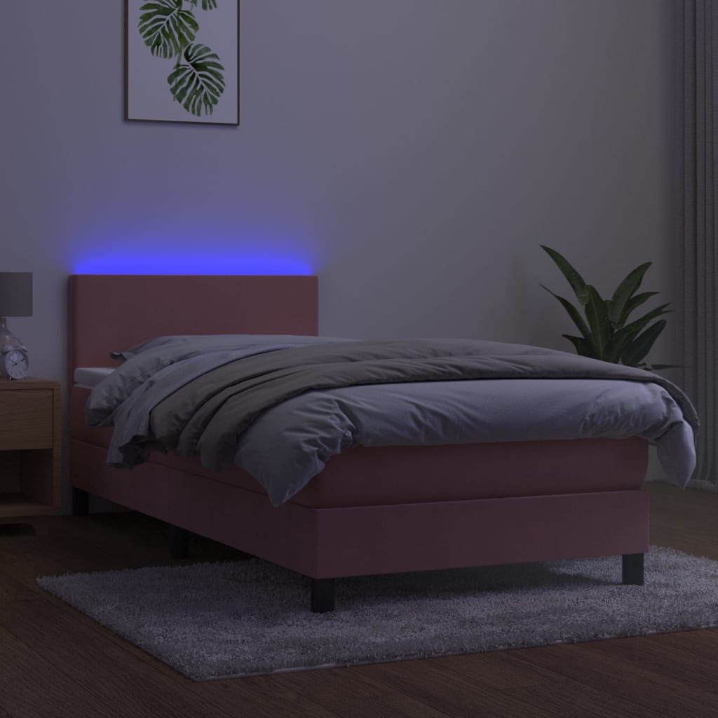 Cama box spring c/ colchão/LED 100x200 cm veludo rosa