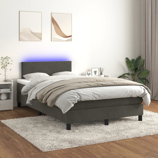 Cama box spring c/ colchão/LED 120x200cm veludo cinzento-escuro