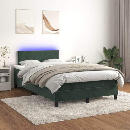 Cama box spring c/ colchão/LED 120x200 cm veludo verde-escuro