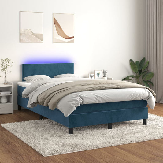 Cama box spring c/ colchão/LED 120x200 cm veludo azul-escuro